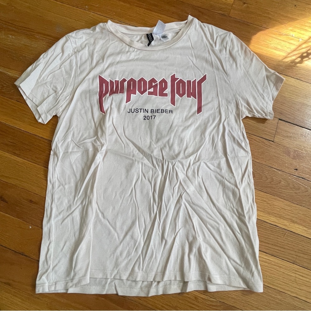 Justin Bieber White Tee with Pink Purpose Tour Logo